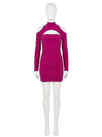 Kikiriki Long Sleeve Cut Out Mini Dress in Fuchsia (view 1)