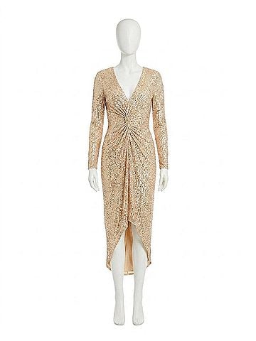 Mac Duggal Midi Sequin Party Dress in Rose Gold (view 1)