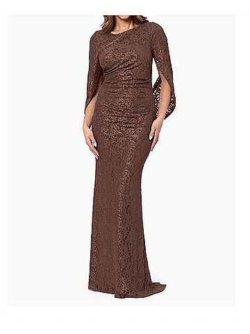 Betsy & Adam The Gina Glitter Lace Drape Back Gown in Brown (view 2)