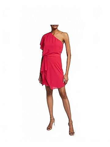 Halston One Shoulder Mini Dress With Draping in Pink (view 2)