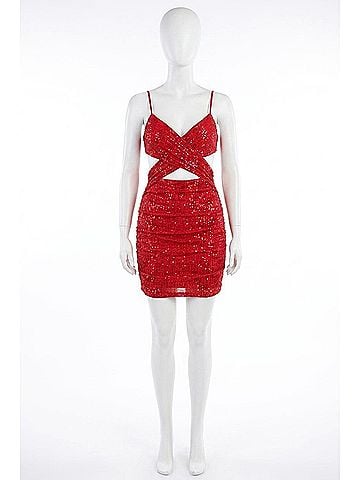 CEFIAN Scarlet Sequin Cut Out Mini Dress in Scarlet Red (view 1)
