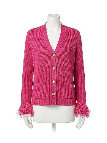 Nic + Zoe Sasha Button Down Sweater Cardigan With Fringe Sleeves - Plus in Shocking Pink (view 1)