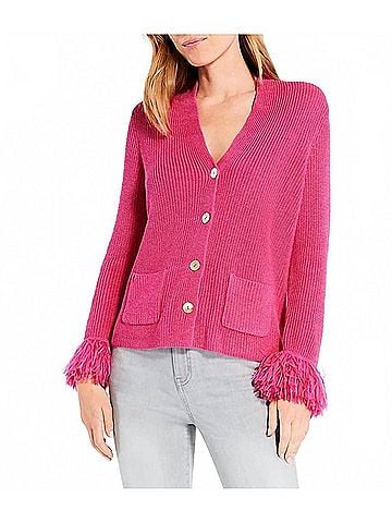 Nic + Zoe Sasha Button Down Sweater Cardigan With Fringe Sleeves - Plus in Shocking Pink (view 2)