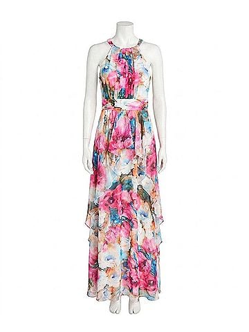 R&M Richards Floral High Neck Special Occasion Dress in Fuschia (view 1)