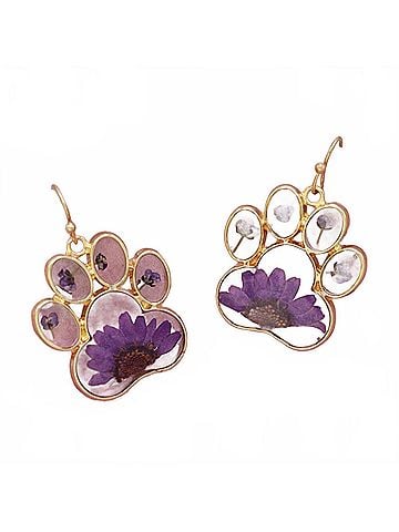 Zad Women's Dried Flower Paw Print Dangle Earrings in Purple (view 1)
