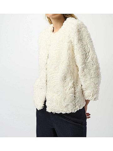 Joseph Ribkoff Floral Rosette Faux Fur Jacket in Vanilla (view 2)