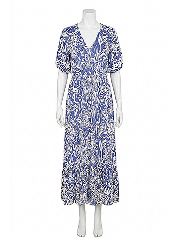 TCEC Abstract Floral Print Waist Tie Midi Dress in Blue (view 1)