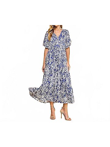 TCEC Abstract Floral Print Waist Tie Midi Dress in Blue (view 2)