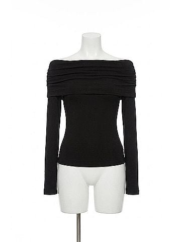 Enza Costa Silk Rib Long Sleeve Off-Shoulder Top in Black (view 1)