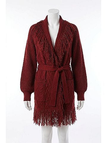 Dress Forum Cable Detail Fringe Long Cardigan in Crimson (view 1)