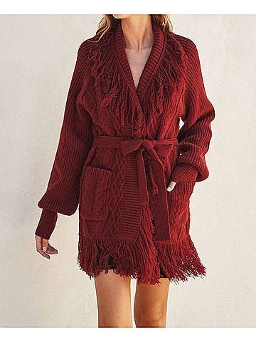 Dress Forum Cable Detail Fringe Long Cardigan in Crimson (view 2)