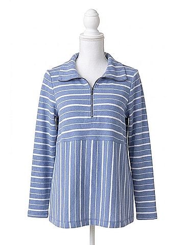 Habitat Weekend Terry Striped Quarter Zip Top in Rain (view 1)