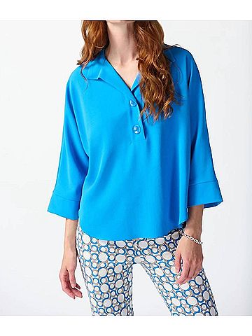 Joseph Ribkoff Woven Buttoned Collar Boxy Top in French Blue (view 2)