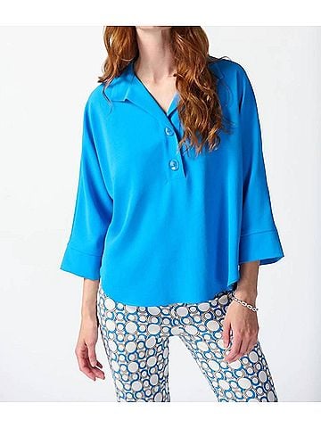 Joseph Ribkoff Woven Buttoned Collar Boxy Top in French Blue (view 2)