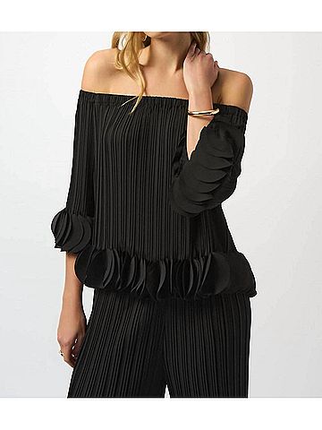 Joseph Ribkoff Georgette Off Shoulder Pleated Top in Black (view 2)