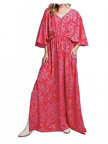 Easel Leaf Printed Laura Maxi Dress in Pink Drink (view 2)