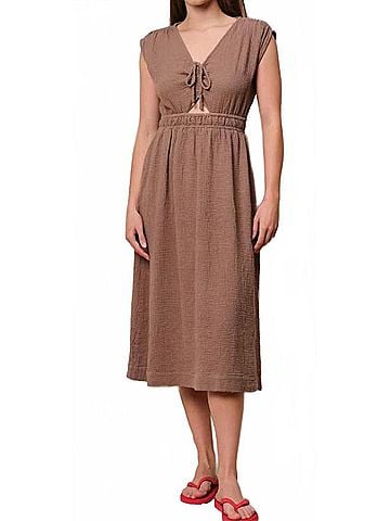 Sundry Midi Ruched Dress in Taupe (view 2)