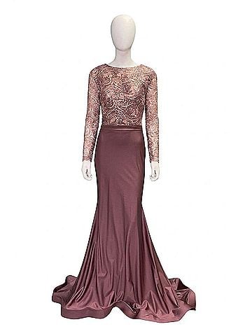 Jessica Angel Long Sleeve Lace Evening Gown in Champagne (view 1)