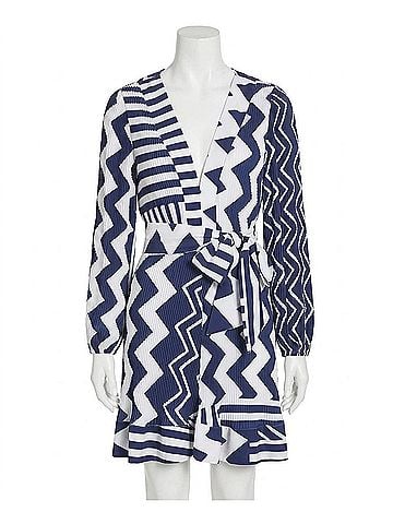 Milly Women's Liv Patchwork Chevron Pleated Dress in Navy Multi (view 1)