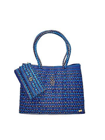 Lolas Collection Women's Travel Woven Patterned Tote Bag With Clutch in Blue (view 1)