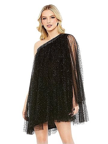Mac Duggal Mac Duggal Black One Shoulder Embellished Tulle Mini Dress Sz 2 NWT $398 Cape Cocktail Dress (view 1)