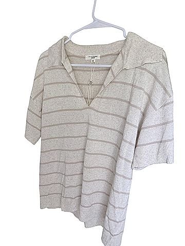Max Studio Cream &amp; Beige Striped Short-Sleeve Polo Knit Top Pullover Sweater (view 2)
