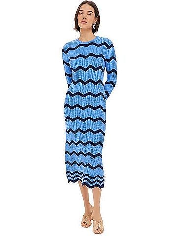HYACINTH HOUSE Callan Knit Midi Blue Navy Zig-Zag Stripe Wool Dress (view 1)