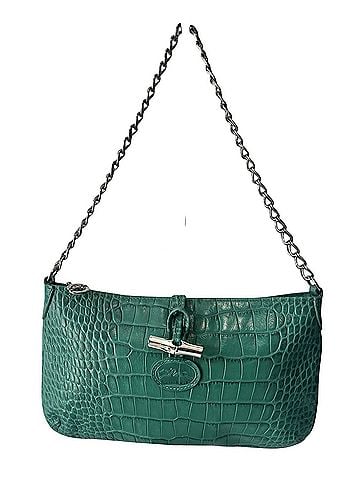 Longchamp ROSEAU Green Croc Embossed Leather Chain Bag Silver Hardware Bamboo Toggle Vintage Y2K Leather Clutch (view 1)