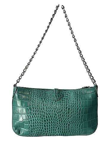 Longchamp ROSEAU Green Croc Embossed Leather Chain Bag Silver Hardware Bamboo Toggle Vintage Y2K Leather Clutch (view 2)