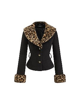 Cider Chic Woollook Faux Leopard Fur Trim Collar Cinched Waist Jacket With Belt Jacket (view 2)