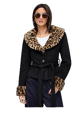 Cider Chic Woollook Faux Leopard Fur Trim Collar Cinched Waist Jacket With Belt Jacket (view 1)