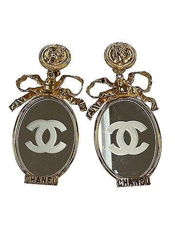 Chanel CHANEL Vintage Metal Rare Coco Mark Ribbon Mirror Earrings Gold Women's Accessory with Box (view 1)