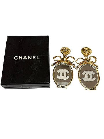 Chanel CHANEL Vintage Metal Rare Coco Mark Ribbon Mirror Earrings Gold Women's Accessory with Box (view 2)