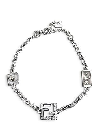 Fendi FENDI 8AK321 FOREVER FF Logo Crystal Chain Bracelet, Silver, Made in Italy, Women's, with Box (view 1)