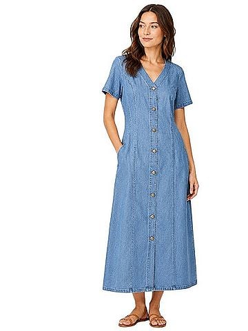 Ann Taylor LOFT Cottagecore Denim Button-Front Maxi Dress Casual Dress (view 1)