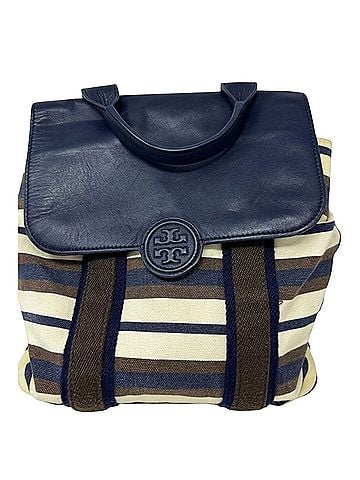 Tory Burch Kerrington Striped Canvas Backpack Leather Trim Preppy Travel Backpack (view 1)
