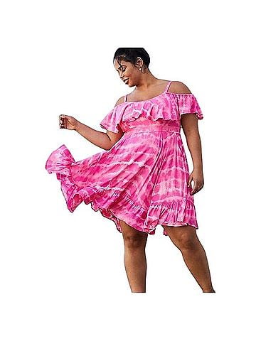 Torrid Tie-Dye Cold Shoulder Handkerchief Skater Dress Casual Dress (view 1)