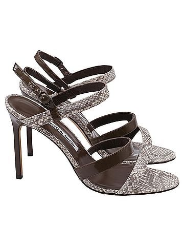 Manolo Blahnik Manolo Blahnik Villano Strappy Sandal Heels in Brown Snakeskin Leather (view 1)