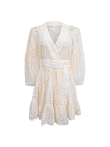 Zimmermann Zimmermann Tiered Embroidered Broderie Anglaise Mini Wrap Dress in White Ramie (view 1)