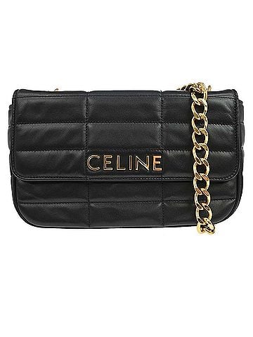 Céline Logo Chain Flap Quilted Goatskin Black Leather Shoulder Bag Bag (view 1)