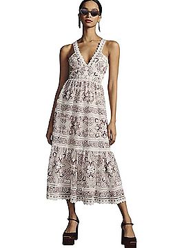 Anthropologie Tiered V-Neck Embroidered Midi Floral Dress Cocktail Dress (view 1)