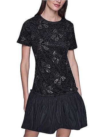 KARL Karl Lagerfeld Sequin Bow Applique Drop-Waist Dress Cocktail Dress (view 1)