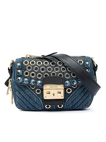 Miu Miu Denim Grommet and Crystal Embellished Biker Crossbody (view 1)