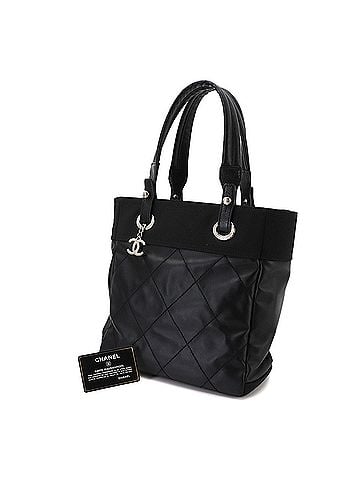 Chanel Chanel Paris Biarritz PM Tote Handbag, Nylon and Leather, Black, A34208, Silver Hardware (view 1)