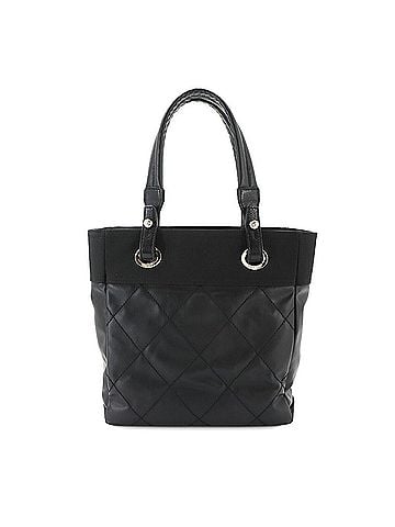 Chanel Chanel Paris Biarritz PM Tote Handbag, Nylon and Leather, Black, A34208, Silver Hardware (view 2)