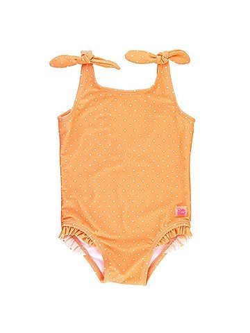 Ruffle Butts Toddler Polka Dot Shoulder Tie One Piece Swimsuit in Melon/White (view 1)