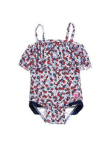 Ruffle Butts Toddlers Single Ruffle Swimsuit in Red, White And Blue (view 1)