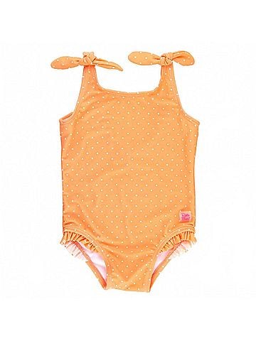 Ruffle Butts Girls' Polka Dot Shoulder Tie One Piece Swimsuit in Melon/White (view 1)