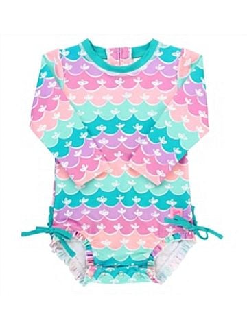 Ruffle Butts Kid's Mermaid One Piece Rash Guard Swimsuit in Aqua/Purple/Pink (view 1)