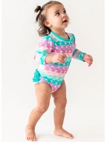 Ruffle Butts Kid's Mermaid One Piece Rash Guard Swimsuit in Aqua/Purple/Pink (view 2)